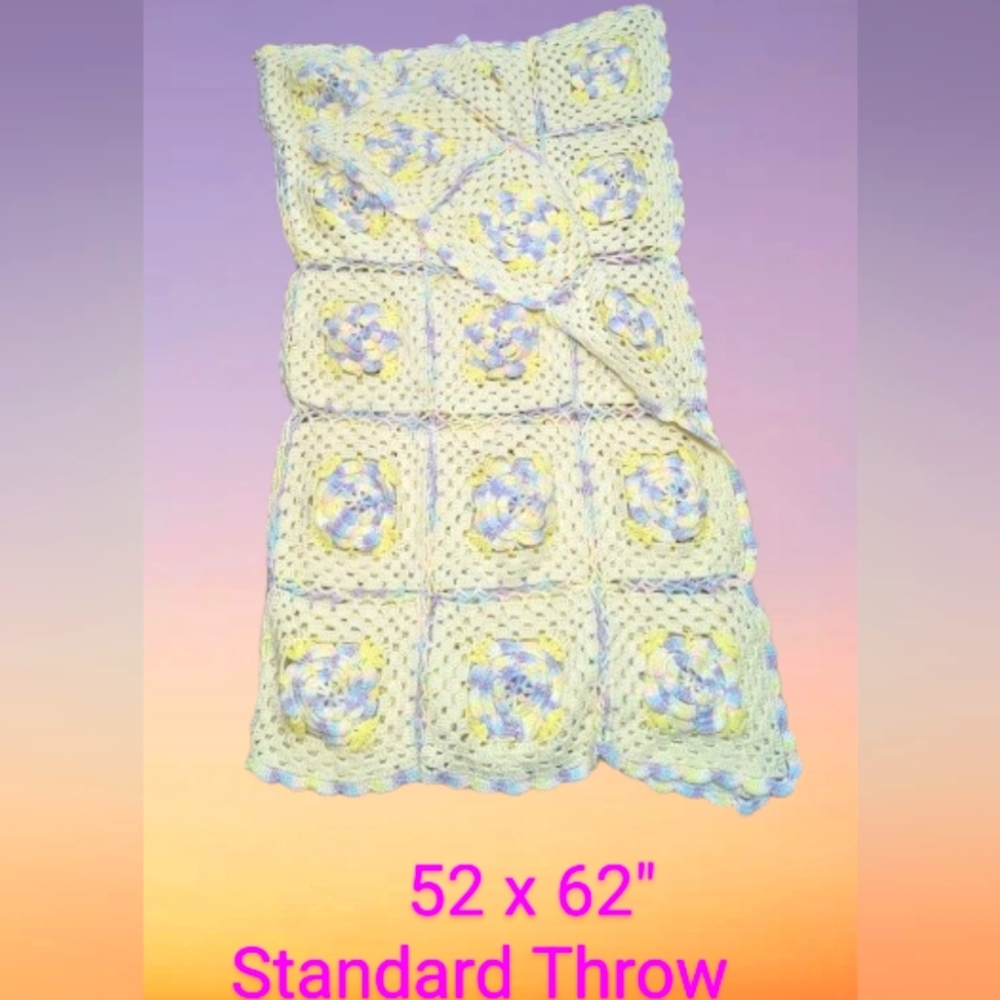 Vintage Crochet Throw Blanket in Pastel Colors Standard Throw 62x52"